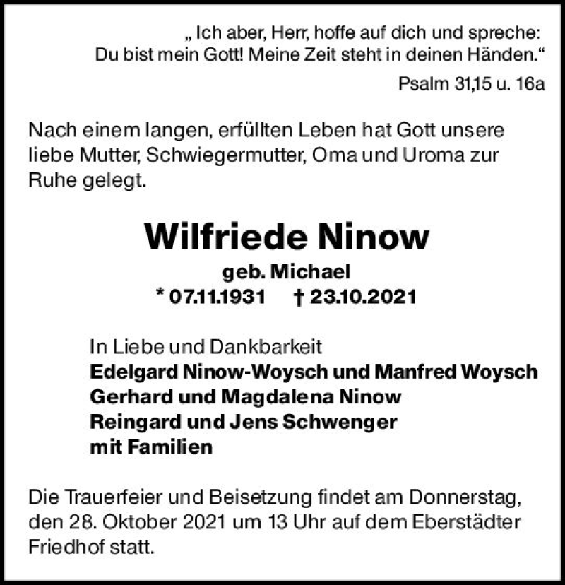  Traueranzeige für Wilfriede Ninow vom 27.10.2021 aus vrm-trauer