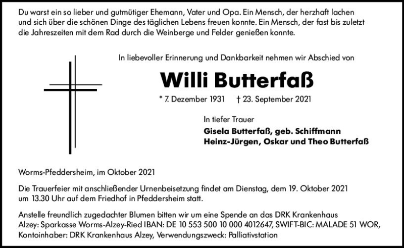  Traueranzeige für Willi Butterfaß vom 12.10.2021 aus vrm-trauer