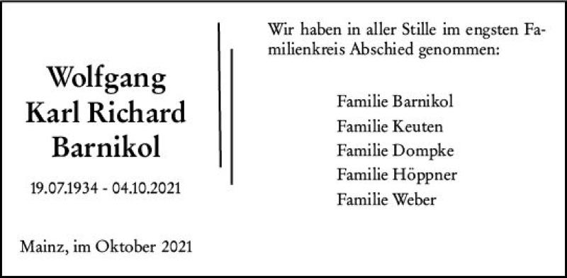  Traueranzeige für Wolfgang Karl Richard Barnikol vom 25.10.2021 aus vrm-trauer