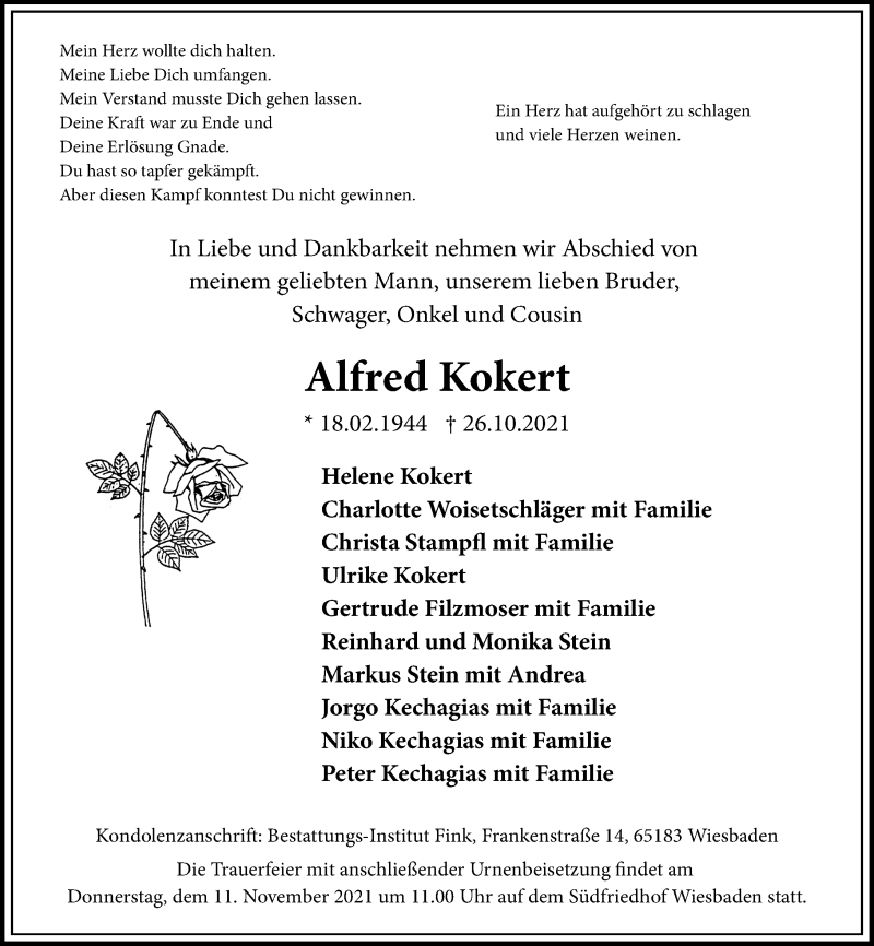  Traueranzeige für Alfred Kokert vom 06.11.2021 aus vrm-trauer