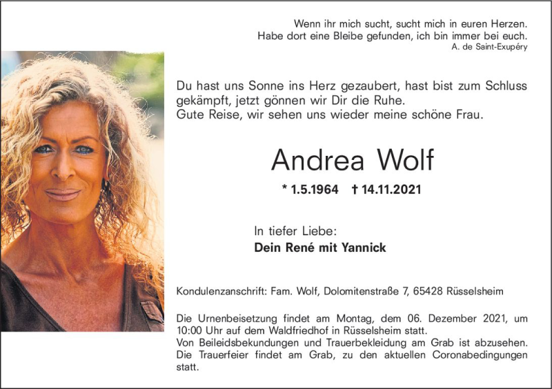  Traueranzeige für Andrea Wolf vom 20.11.2021 aus vrm-trauer