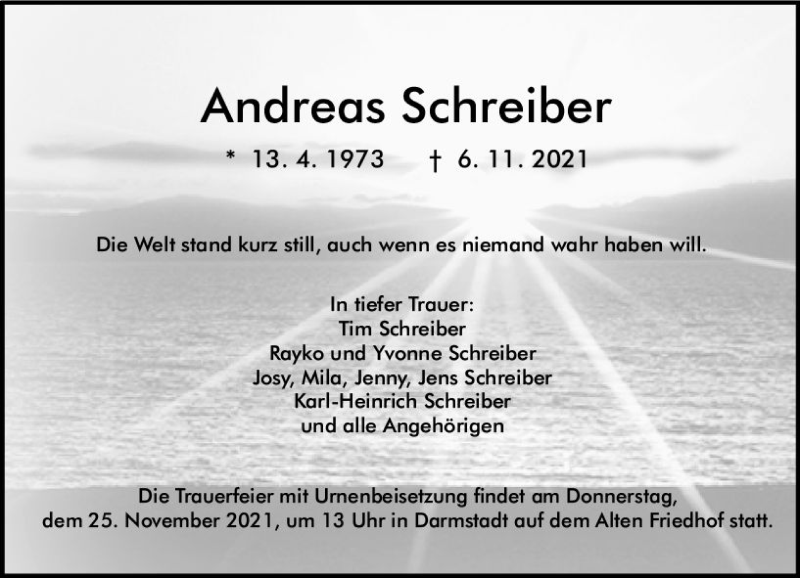  Traueranzeige für Andreas Schreiber vom 20.11.2021 aus vrm-trauer