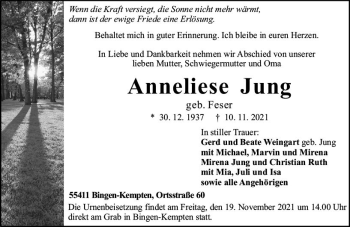 Traueranzeige von Anneliese Jung von vrm-trauer