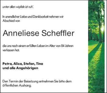 Traueranzeige von Anneliese Scheffler von vrm-trauer