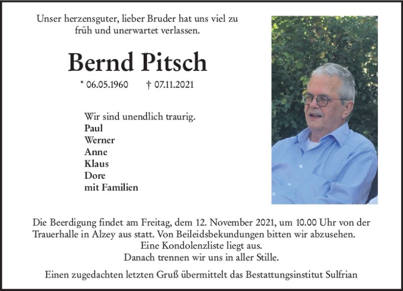  Traueranzeige für Bernd Pitsch vom 10.11.2021 aus vrm-trauer