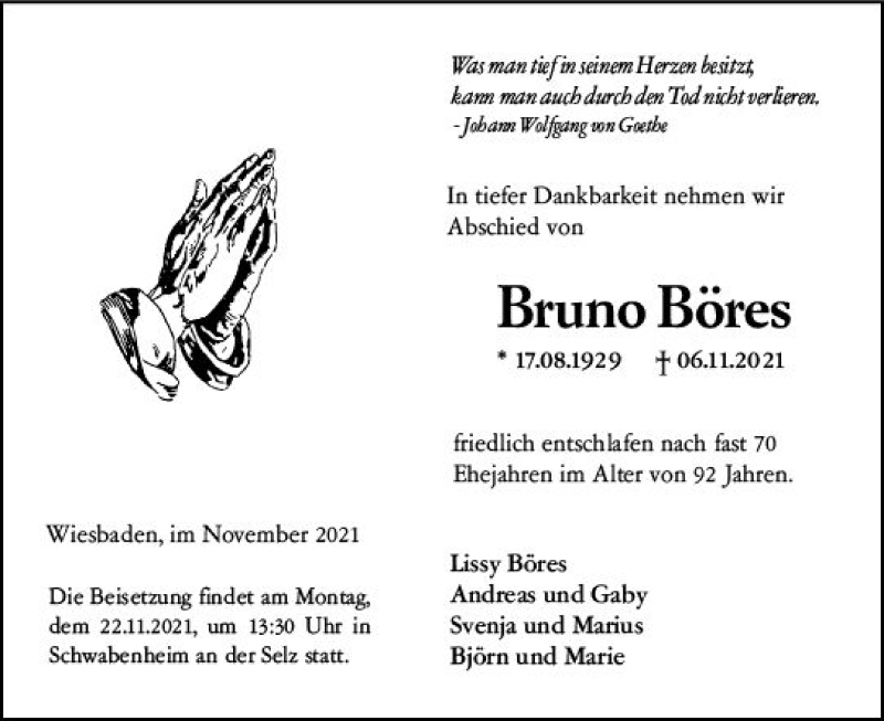  Traueranzeige für Bruno Böres vom 17.11.2021 aus vrm-trauer