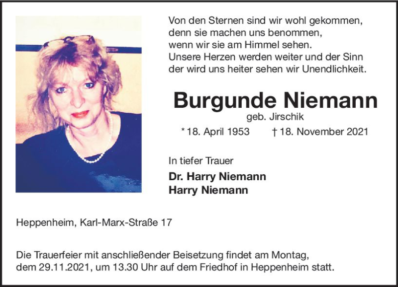  Traueranzeige für Burgunde Niemann vom 24.11.2021 aus vrm-trauer