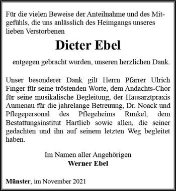 Traueranzeige von Dieter Ebel von  Weilburger Tageblatt