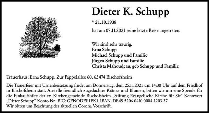  Traueranzeige für Dieter K. Schupp vom 20.11.2021 aus vrm-trauer