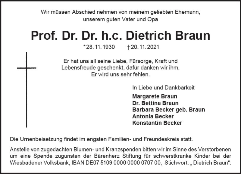  Traueranzeige für Dietrich Braun vom 27.11.2021 aus vrm-trauer