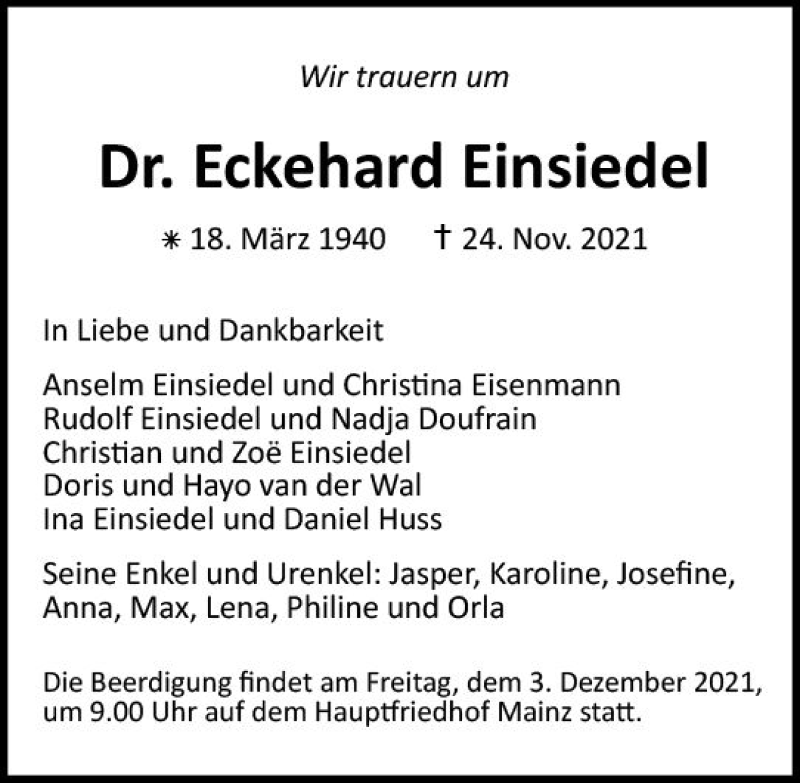  Traueranzeige für Eckehard Einsiedel vom 27.11.2021 aus vrm-trauer