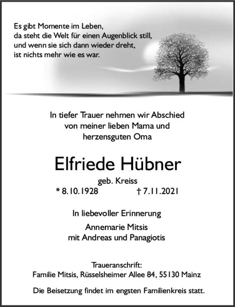  Traueranzeige für Elfriede Hübner vom 13.11.2021 aus vrm-trauer