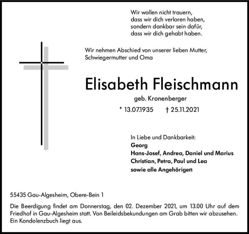  Traueranzeige für Elisabeth Fleischmann vom 27.11.2021 aus vrm-trauer