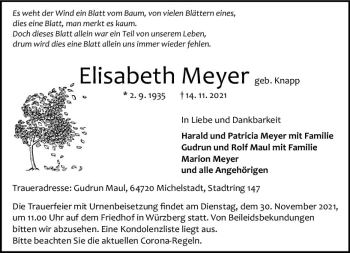 Traueranzeige von Elisabeth Meyer von vrm-trauer