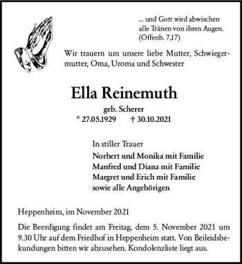 Traueranzeige von Ella Reinemuth von vrm-trauer