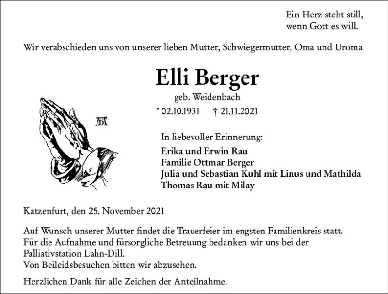  Traueranzeige für Elli Berger vom 25.11.2021 aus  Wetzlarer Neue Zeitung