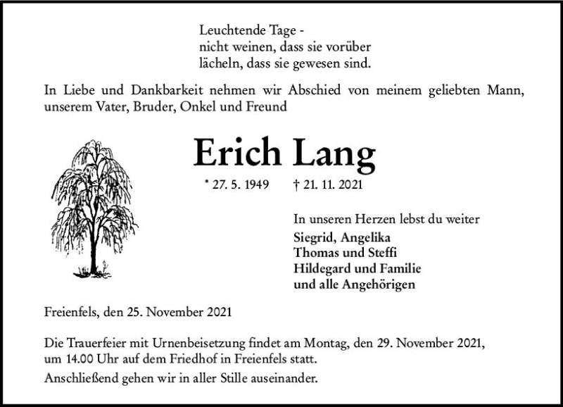  Traueranzeige für Erich Lang vom 25.11.2021 aus  Weilburger Tageblatt