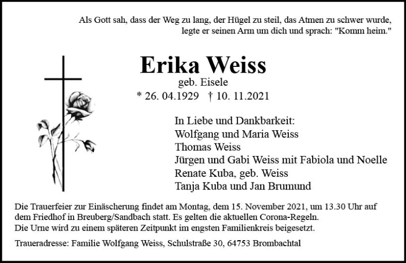  Traueranzeige für Erika Weiss vom 13.11.2021 aus vrm-trauer