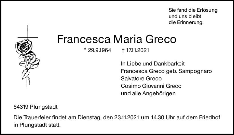  Traueranzeige für Francesca Maria Greco vom 20.11.2021 aus vrm-trauer
