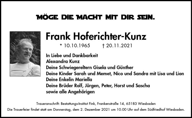  Traueranzeige für Frank Hoferichter-Kunz vom 27.11.2021 aus vrm-trauer