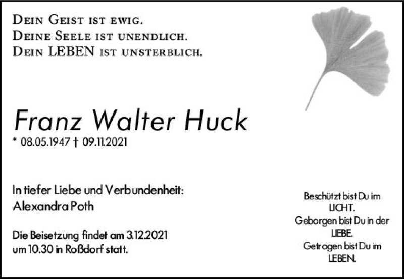  Traueranzeige für Franz Walter Huck vom 20.11.2021 aus vrm-trauer