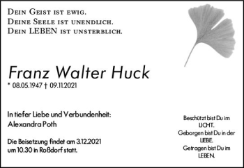 Traueranzeige von Franz Walter Huck von vrm-trauer