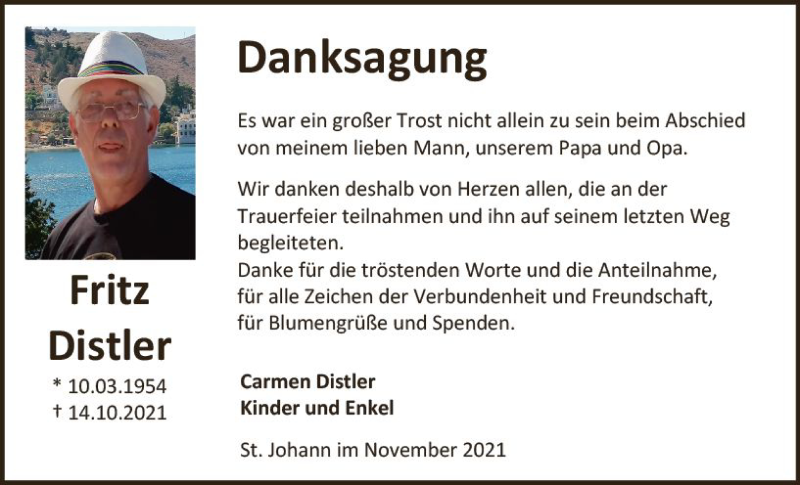  Traueranzeige für Fritz Distler vom 13.11.2021 aus vrm-trauer