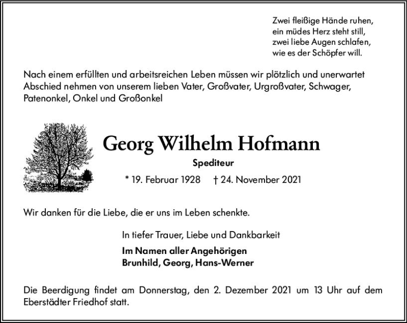  Traueranzeige für Georg Wilhelm Hofmann vom 27.11.2021 aus vrm-trauer