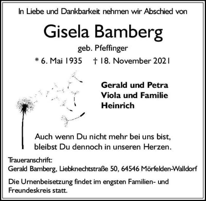  Traueranzeige für Gisela Bamberg vom 24.11.2021 aus vrm-trauer
