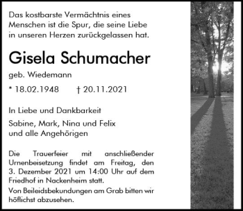 Traueranzeige von Gisela Schumacher von vrm-trauer
