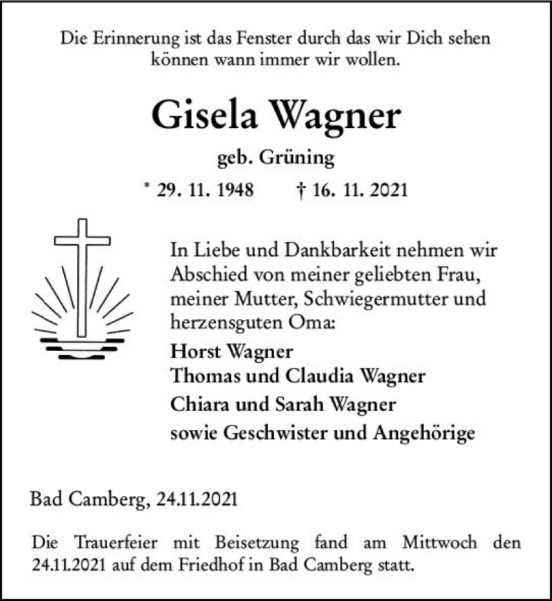  Traueranzeige für Gisela Wagner vom 25.11.2021 aus  Camberger Anzeiger