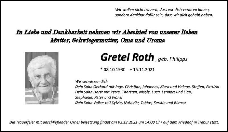  Traueranzeige für Gretel Roth vom 29.11.2021 aus vrm-trauer