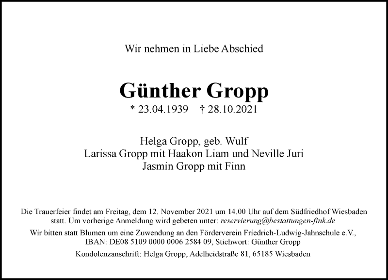  Traueranzeige für Günther Gropp vom 06.11.2021 aus vrm-trauer