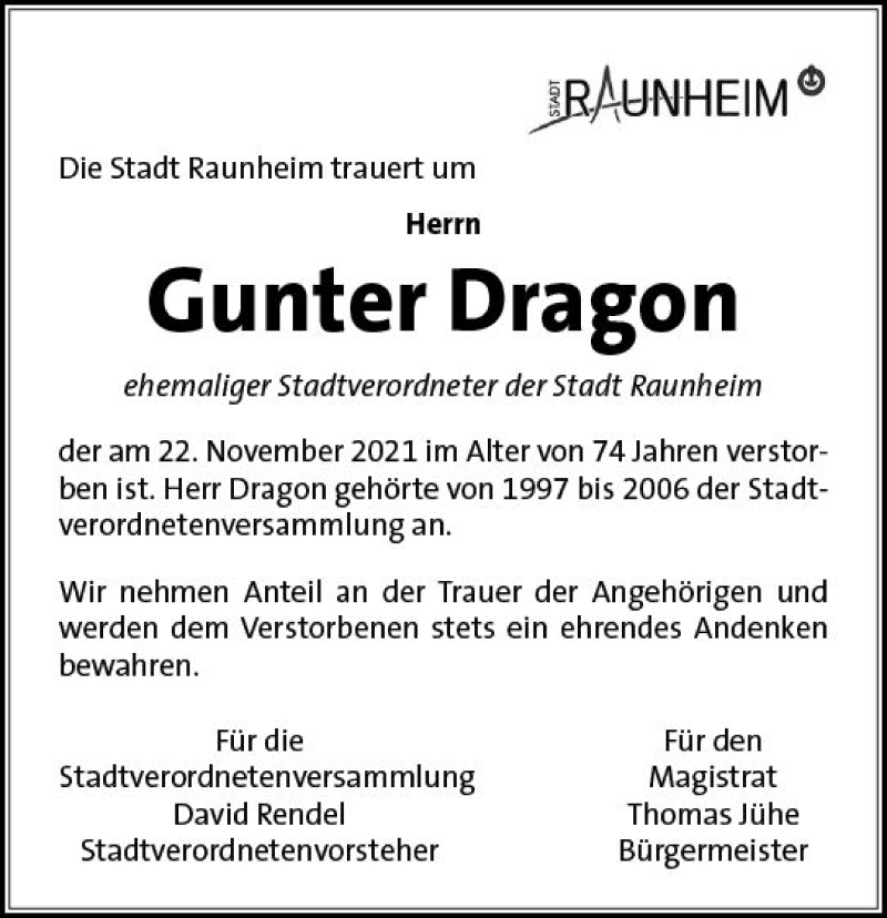  Traueranzeige für Gunter Dragon vom 27.11.2021 aus vrm-trauer