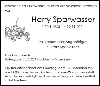Traueranzeige von Harry Sparwasser von vrm-trauer