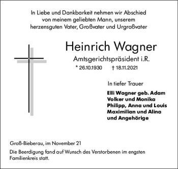 Traueranzeige von Heinrich Wagner von vrm-trauer