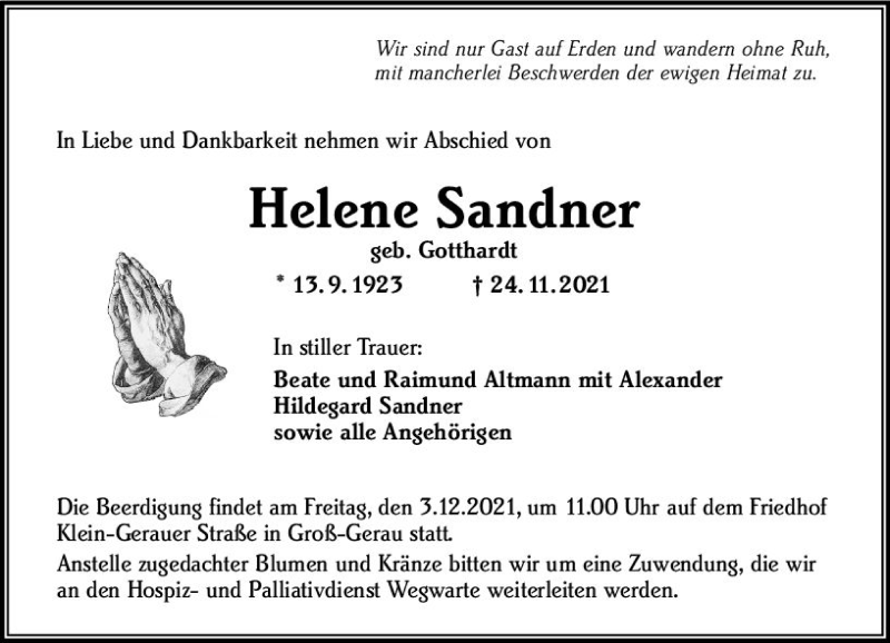  Traueranzeige für Helene Sandner vom 29.11.2021 aus vrm-trauer