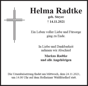 Traueranzeige von Helma Radtke von vrm-trauer