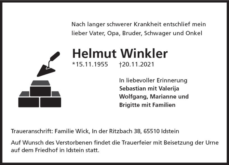  Traueranzeige für Helmut Winkler vom 27.11.2021 aus vrm-trauer