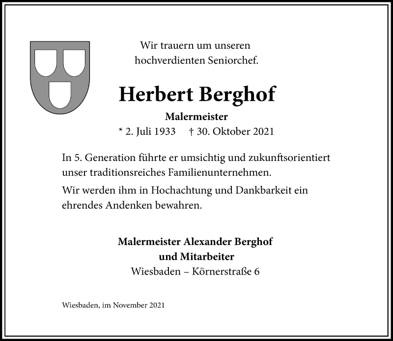  Traueranzeige für Herbert Berghof vom 06.11.2021 aus vrm-trauer