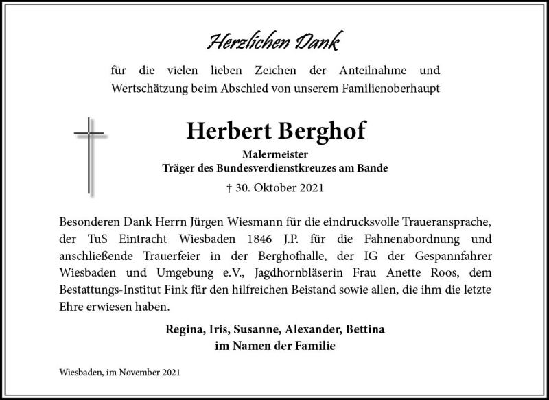 Traueranzeige für Herbert Berghof vom 27.11.2021 aus vrm-trauer