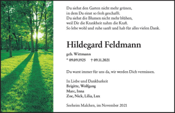 Traueranzeige von Hildegard Feldmann von vrm-trauer