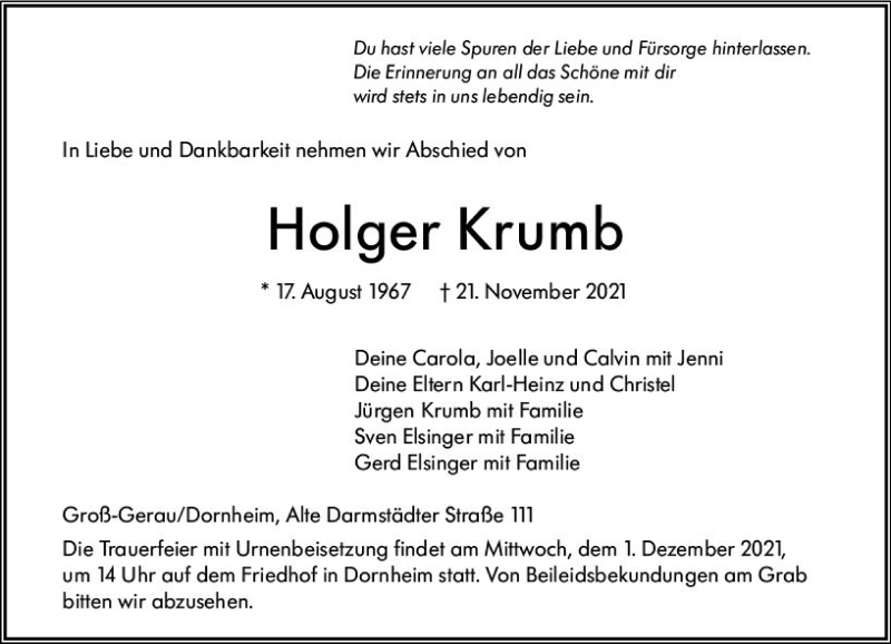  Traueranzeige für Holger Krumb vom 27.11.2021 aus vrm-trauer