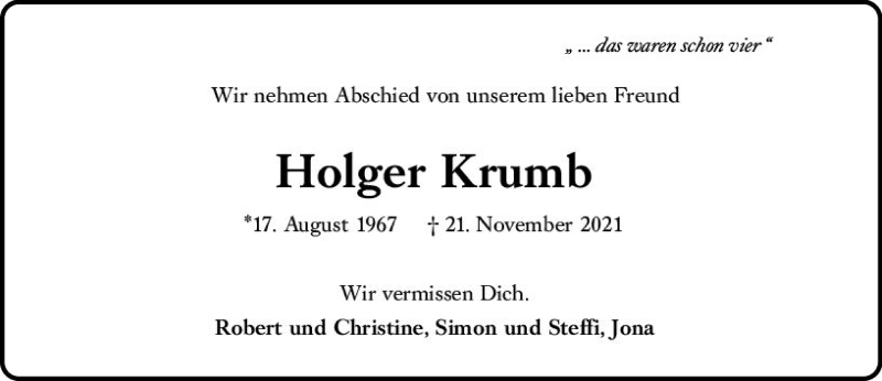  Traueranzeige für Holger Krumb vom 27.11.2021 aus vrm-trauer