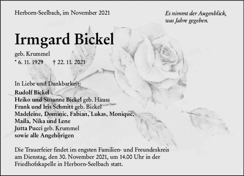 Traueranzeige für Irmgard Bickel vom 25.11.2021 aus  Dill Block