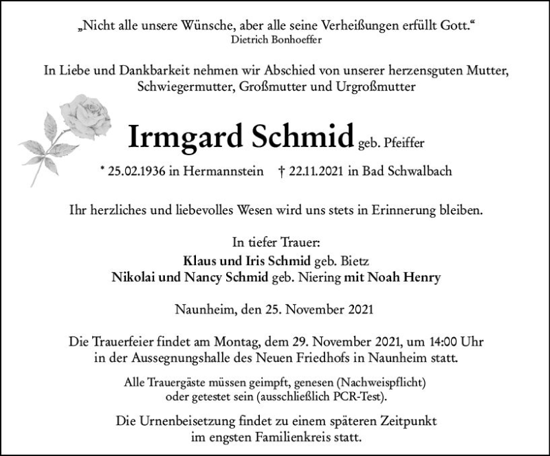  Traueranzeige für Irmgard Schmid vom 25.11.2021 aus  Wetzlarer Neue Zeitung
