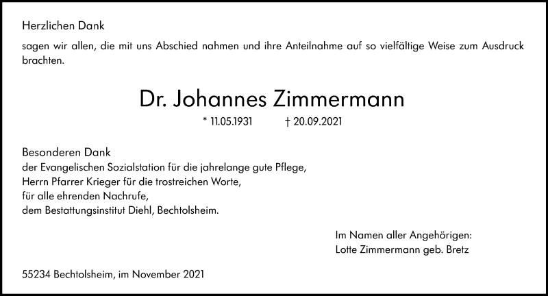  Traueranzeige für Johannes Zimmermann vom 06.11.2021 aus vrm-trauer