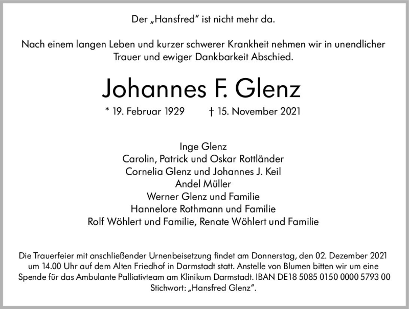  Traueranzeige für Johannes F. Glenz vom 20.11.2021 aus vrm-trauer