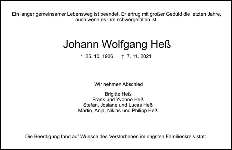  Traueranzeige für Johann Wolfgang Heß vom 20.11.2021 aus vrm-trauer