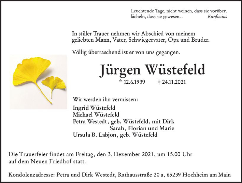  Traueranzeige für Jürgen Wüstefeld vom 26.11.2021 aus vrm-trauer